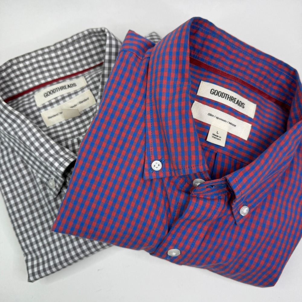 Goodthreads Mens L Gingham Short Sleeve Button Down Shirts Bundle Lot of 2